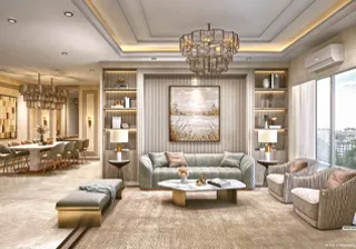 Luxurious modern living room with elegant furnishings, chandelier, marble flooring, and large windows overlooking the city.